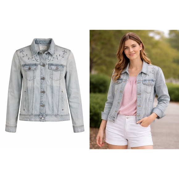 Old Navy Womens Light Wash Floral Embroidered Denim Trucker Jacket Size M Blue - Picture 3 of 9